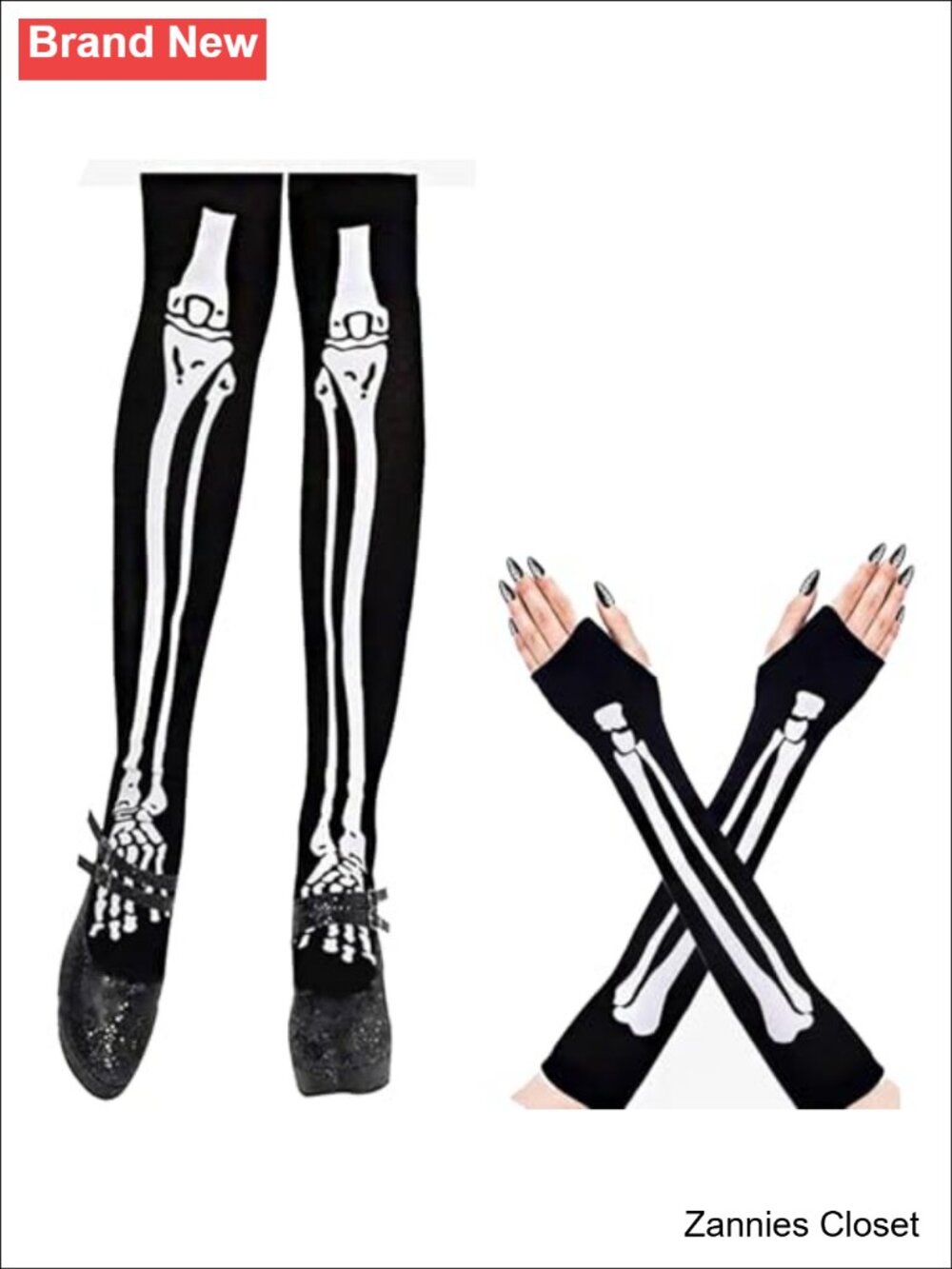 👻 Women's Skull Fingerless Gloves & Stockings Set Halloween Costume Accessories